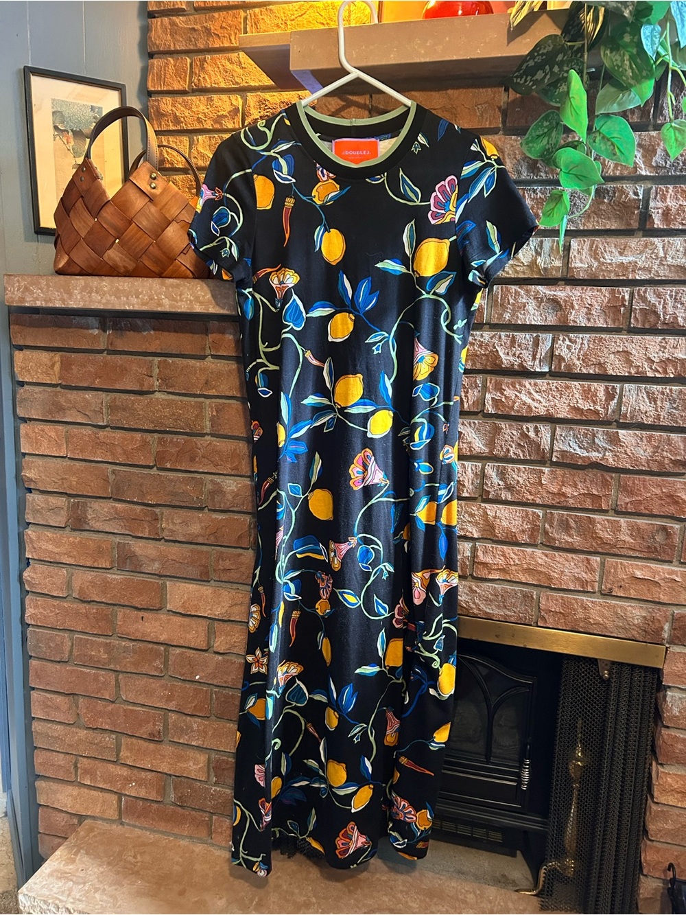LA DoubleJ Black Midi Dress with Yellow Lemon and Blue Floral Print